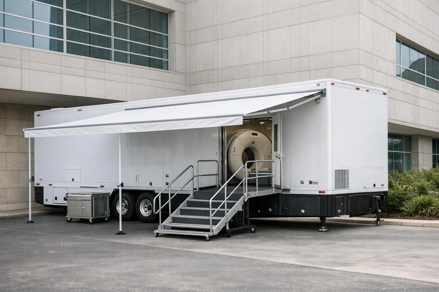 Mobile CT trailer staged for interim imaging capacity.